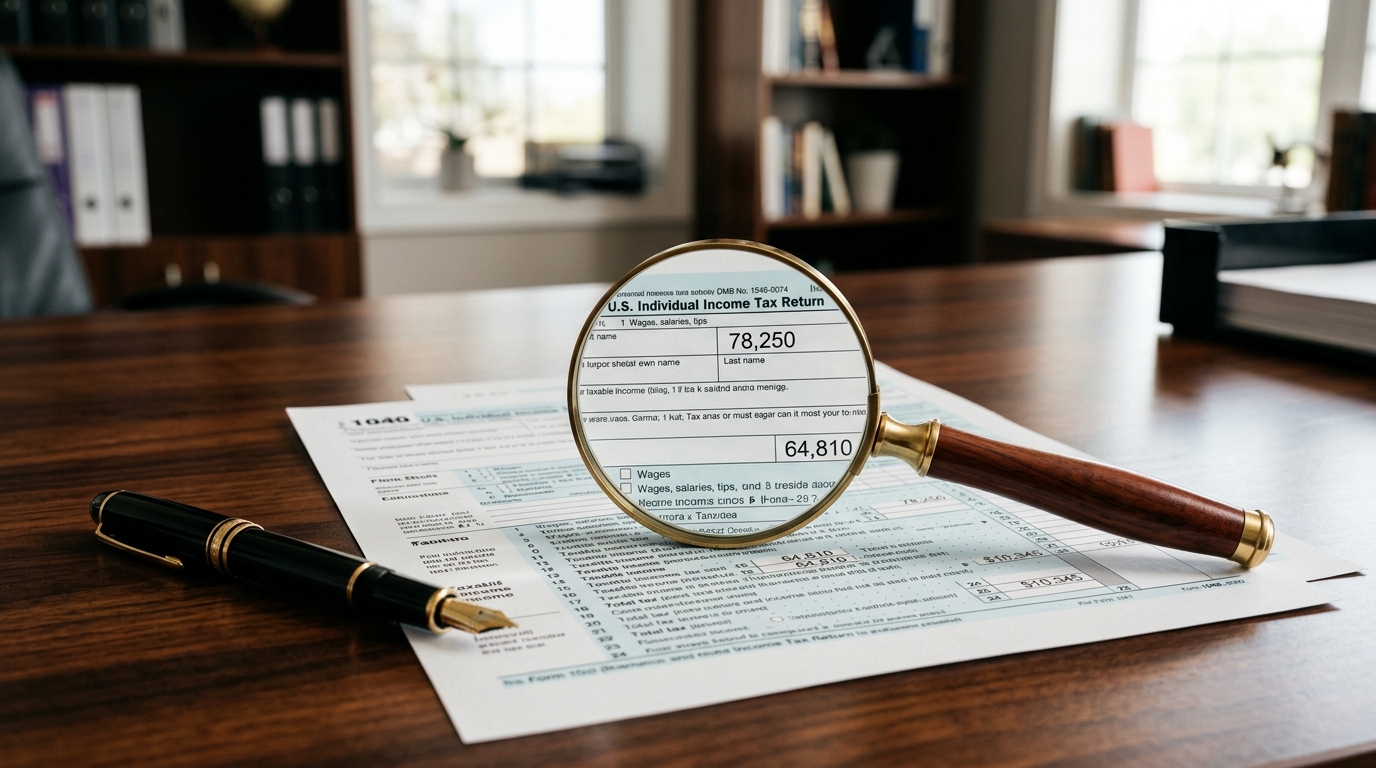 IRS Form 1040 tax document with a magnifying glass and fountain pen on an executive desk